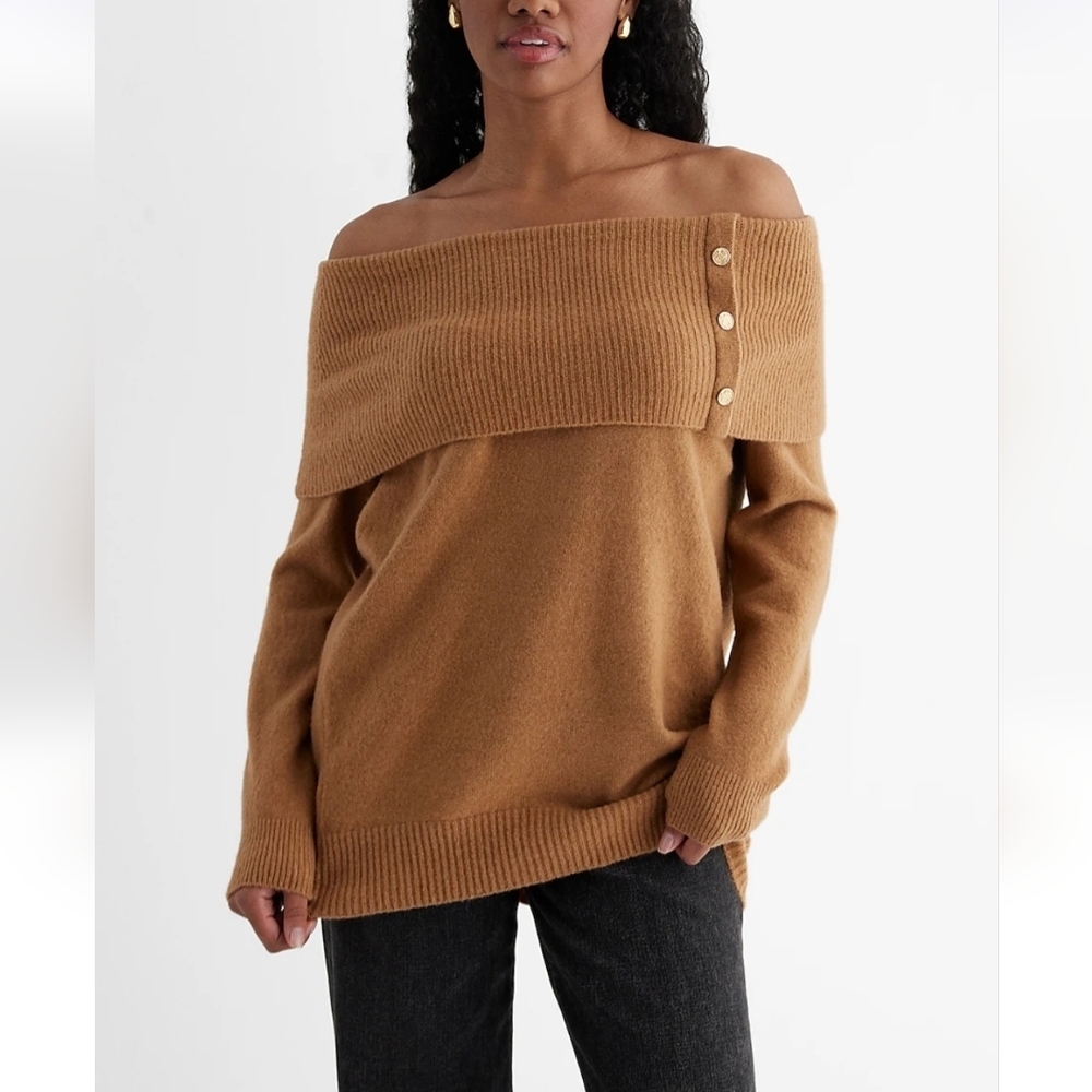 Brown Off the Shoulder Oversized Sweater - Small